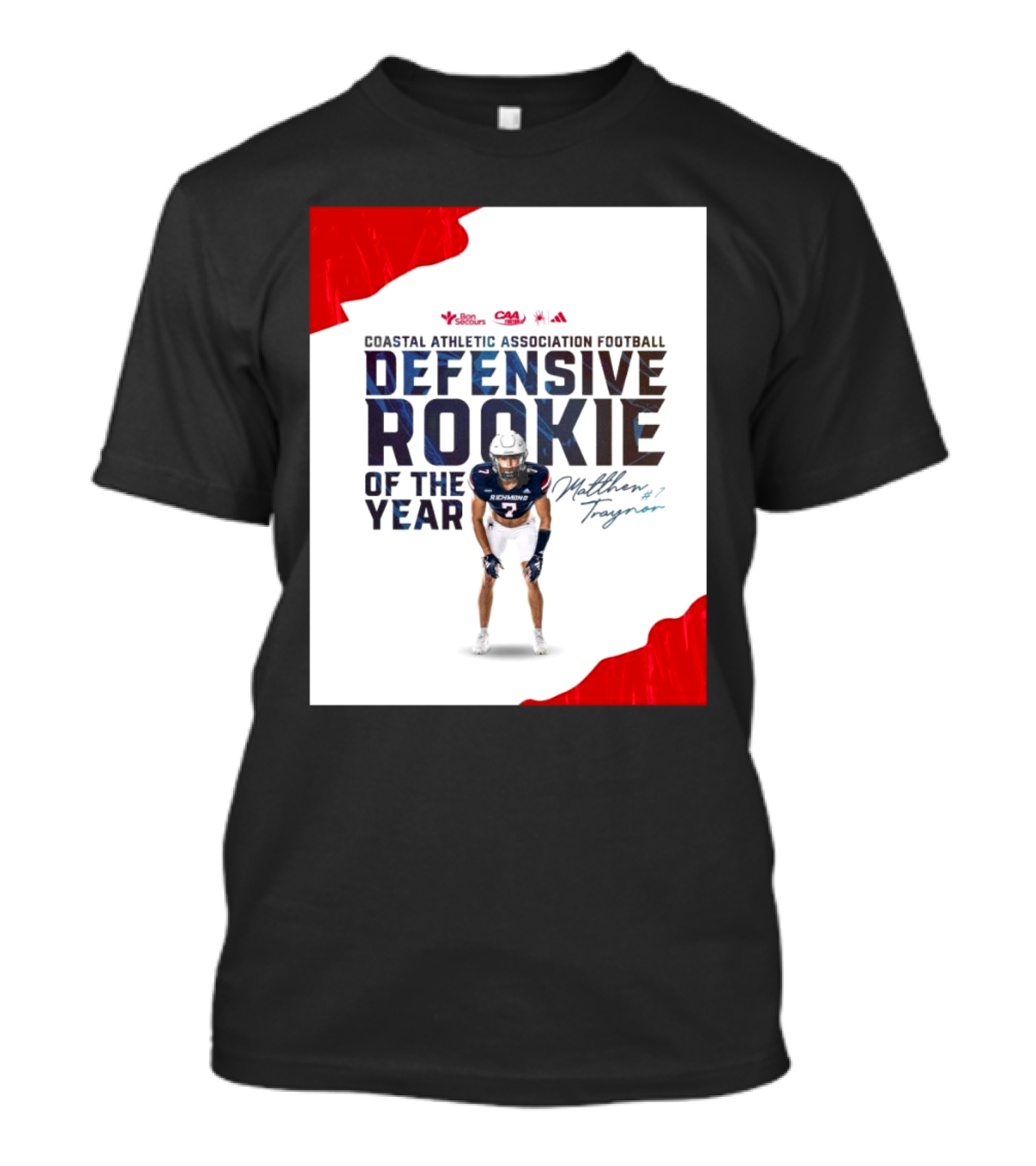 Coastal Athletic Association Football Defensive Rookie Of The Year Matthew Traynor Signature Richmond #2 Red Blue White Football Graphics T-Shirt