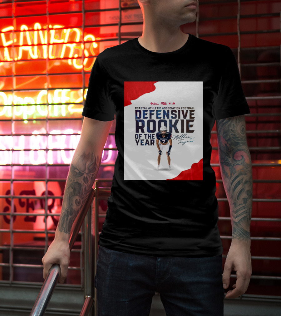 Coastal Athletic Association Football Defensive Rookie Of The Year Matthew Traynor Signature Richmond #2 Red Blue White Football Graphics T-Shirt