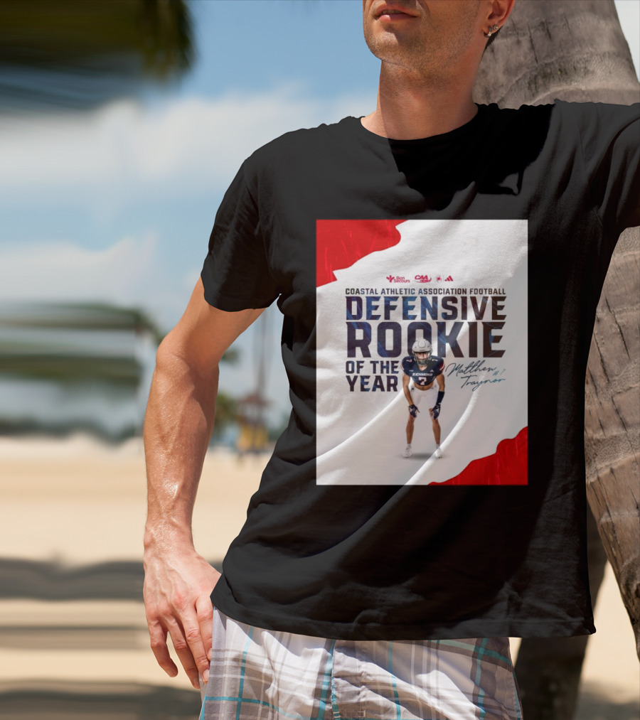 Coastal Athletic Association Football Defensive Rookie Of The Year Matthew Traynor Signature Richmond #2 Red Blue White Football Graphics T-Shirt