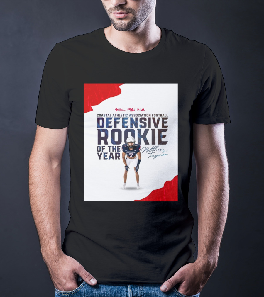 Coastal Athletic Association Football Defensive Rookie Of The Year Matthew Traynor Signature Richmond #2 Red Blue White Football Graphics T-Shirt