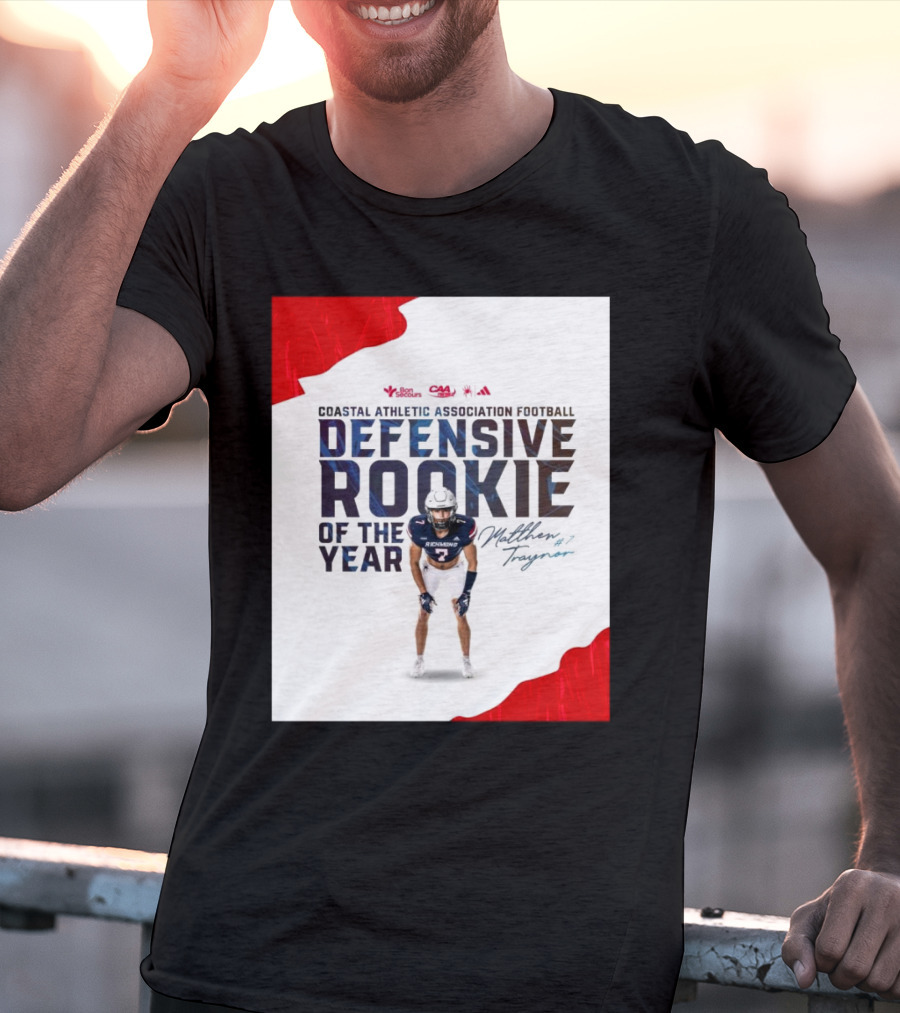 Coastal Athletic Association Football Defensive Rookie Of The Year Matthew Traynor Signature Richmond #2 Red Blue White Football Graphics T-Shirt
