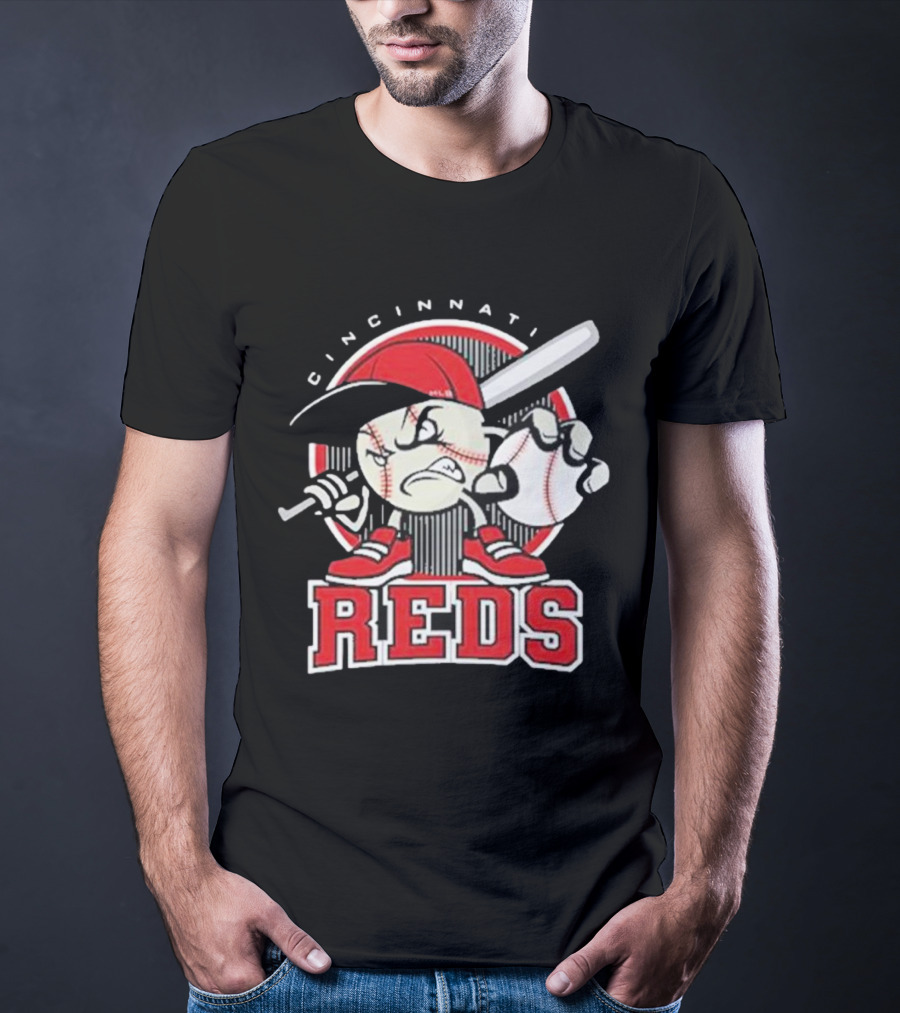 Cincinnati Reds Retro Baseball Character With Cap And Bat T-Shirt