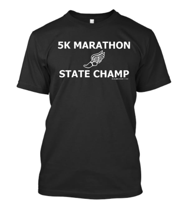 Kofuzi Wearing 5K Marathon State Champ Winged Shoe T-Shirt
