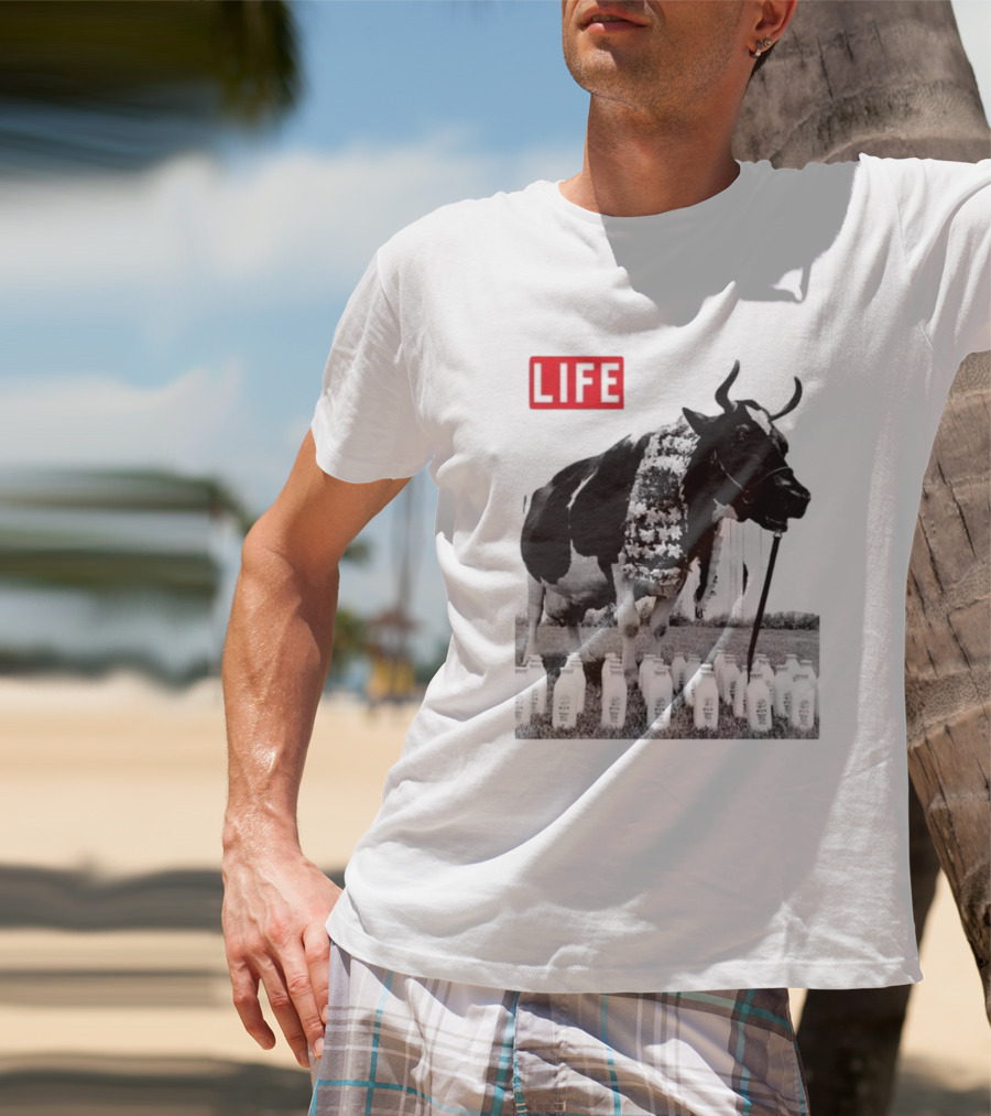 Life Magazine Cow With Milk Bottles And Floral Garland T-Shirt