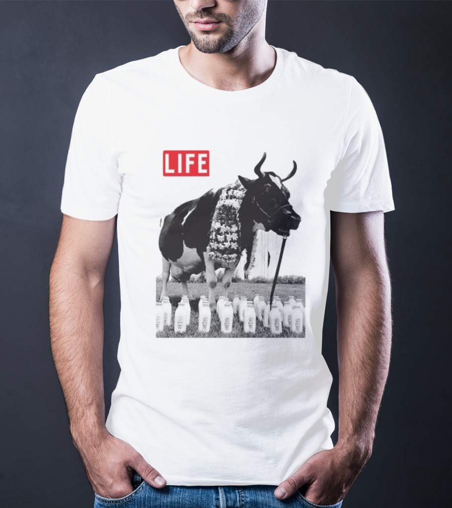 Life Magazine Cow With Milk Bottles And Floral Garland T-Shirt
