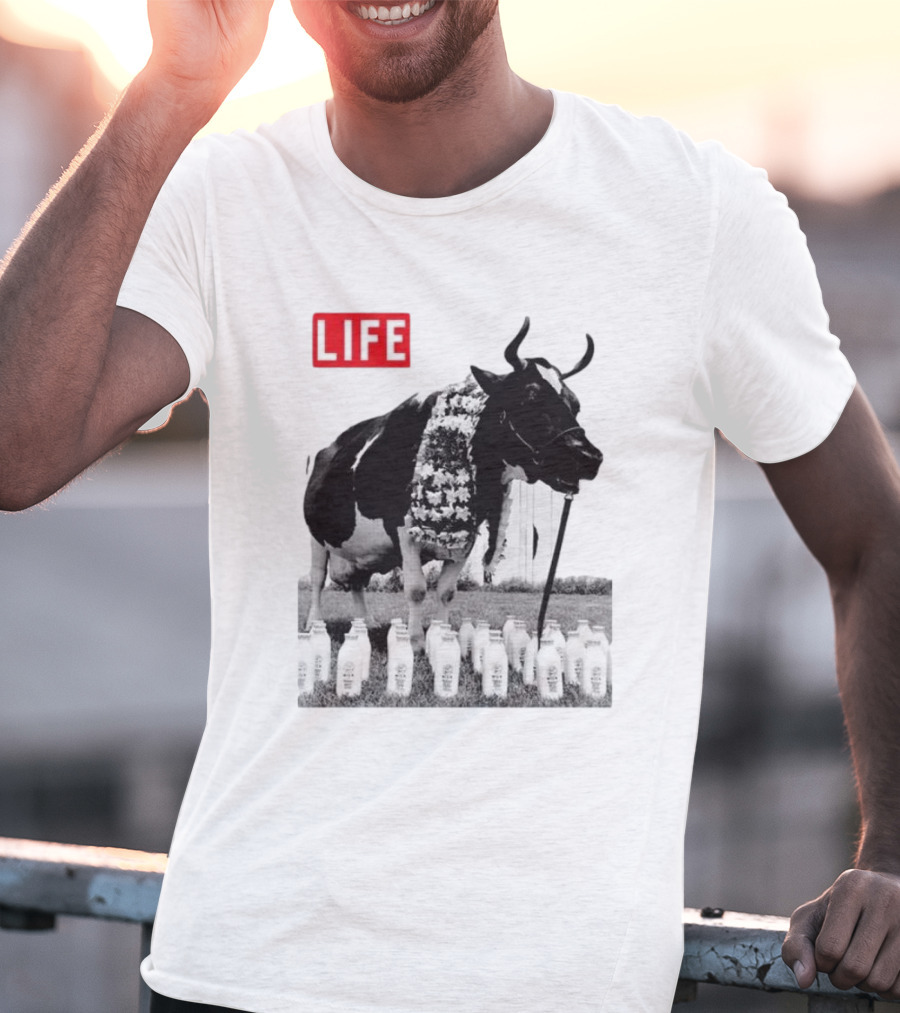 Life Magazine Cow With Milk Bottles And Floral Garland T-Shirt