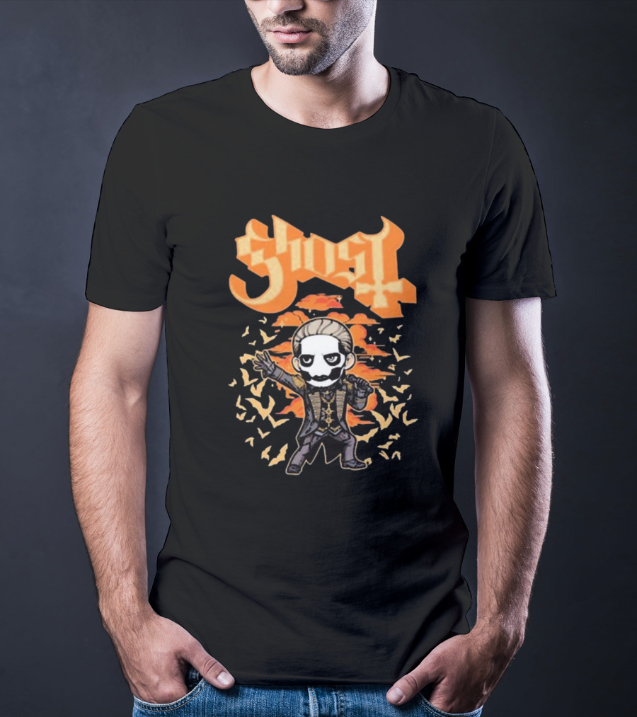 Ghost Band Chibi Style Character With Orange Background And Bats T-Shirt