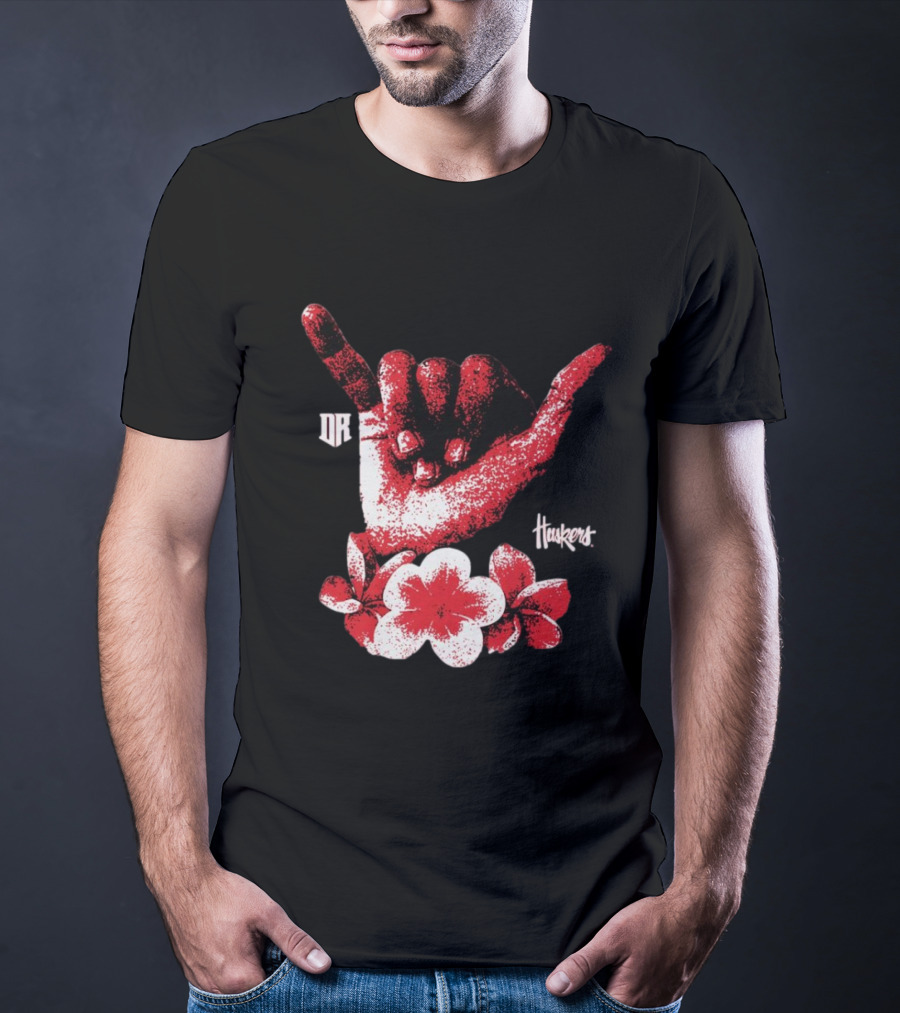 DR Huskers Shaka Hand Red And White Flowers T-Shirt