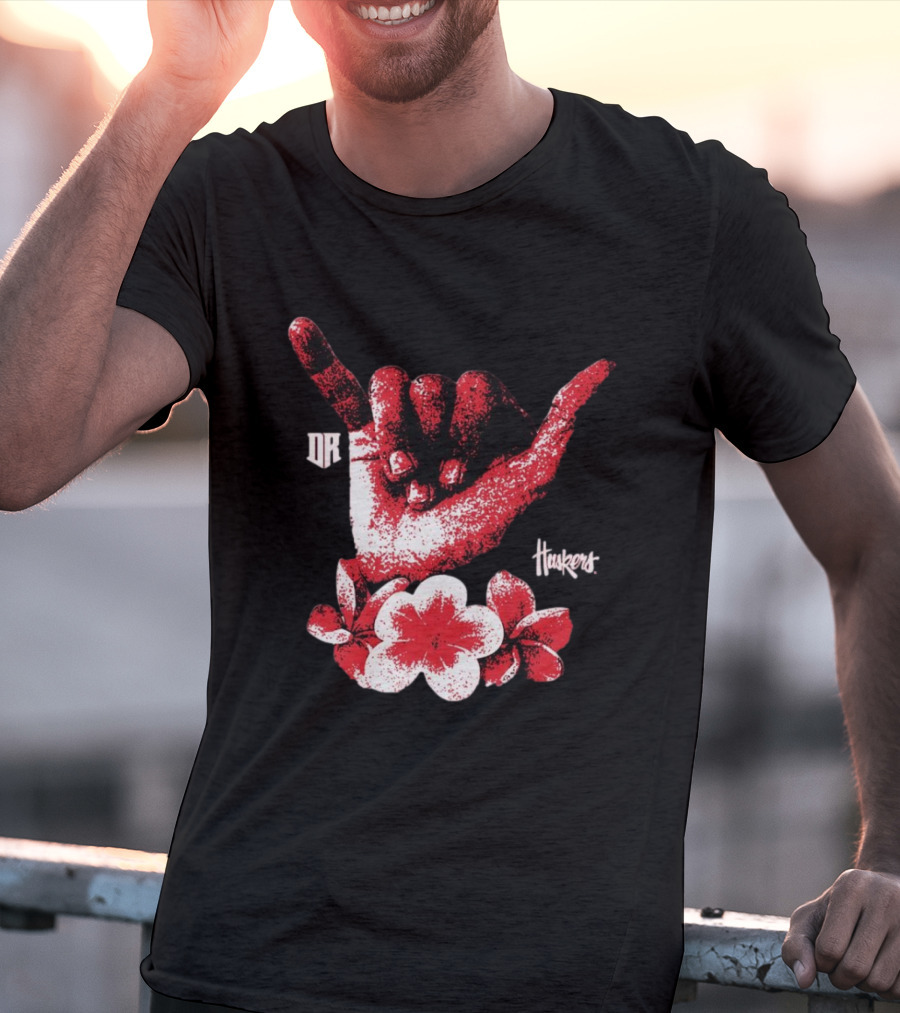 DR Huskers Shaka Hand Red And White Flowers T-Shirt