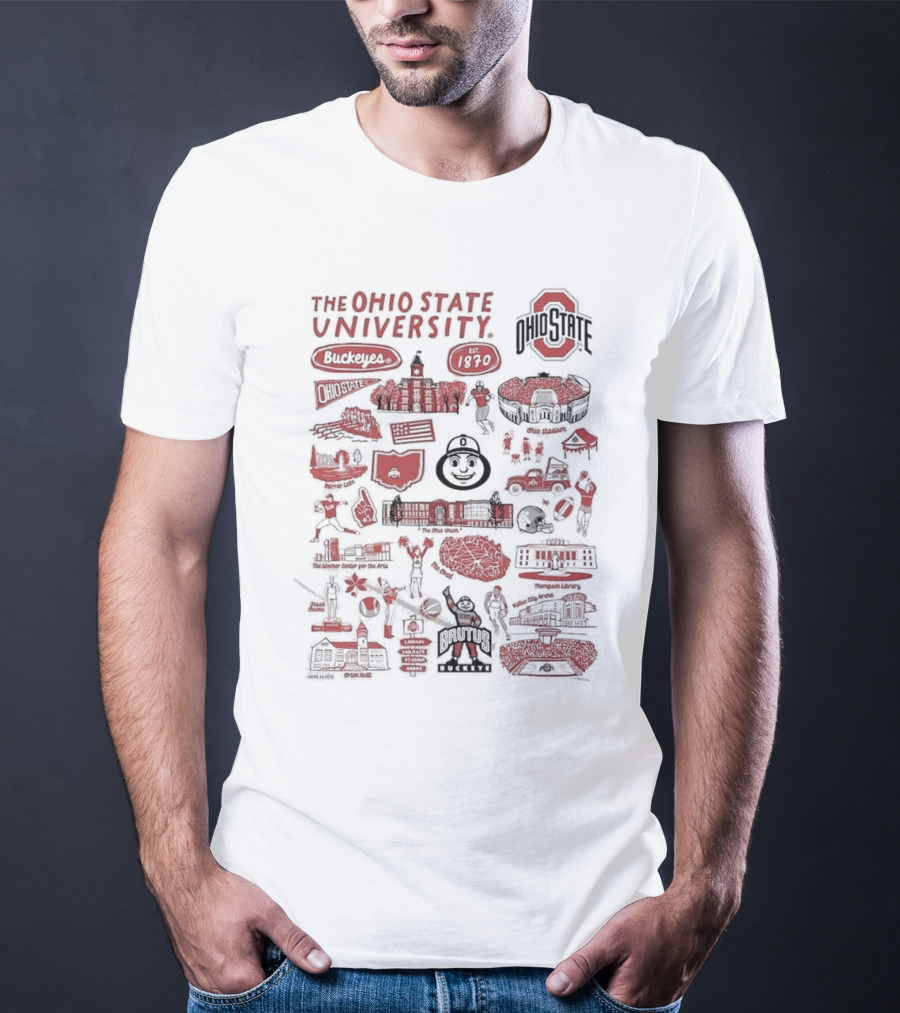 The Ohio State University Buckeyes Brutus Buckeye Est 1870 Scarlet And Gray Landmarks Montage T-Shirt