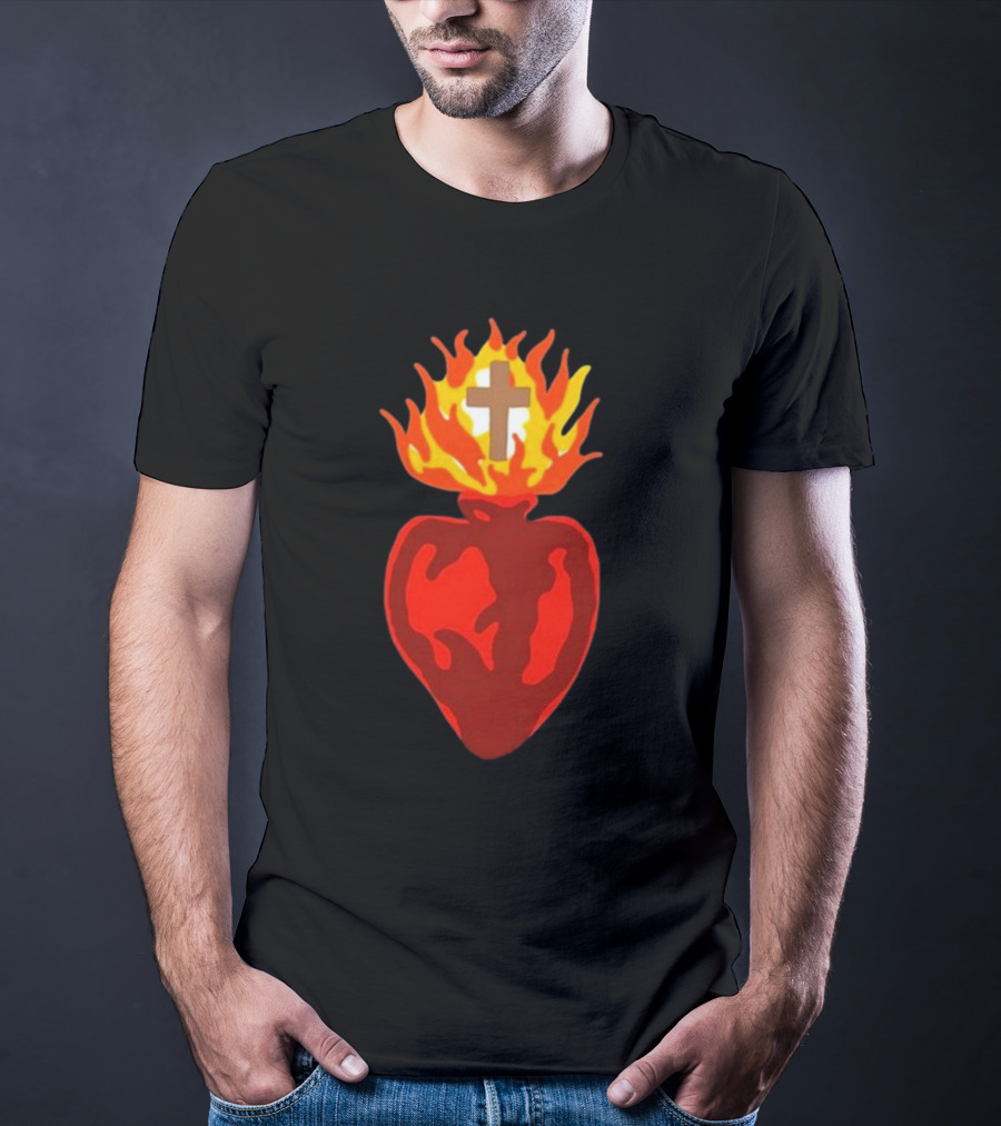 B Lake Sacred Heart Love Of God Cross Flame T-Shirt