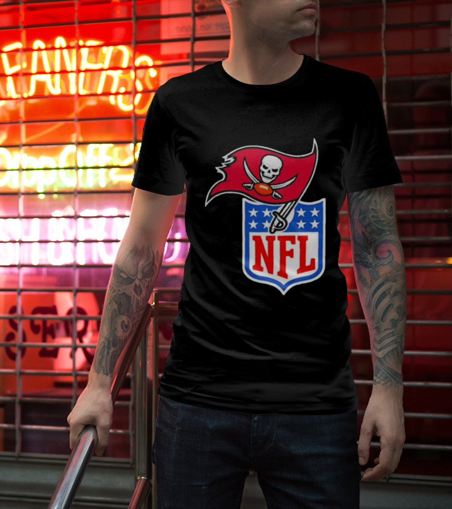 Tampa Bay Buccaneers NFL Collaboration Logo With Pirate Flag And Shield T-Shirt