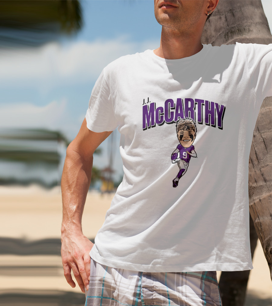 J.J. McCarthy 9 Running Quarterback Caricature T-Shirt