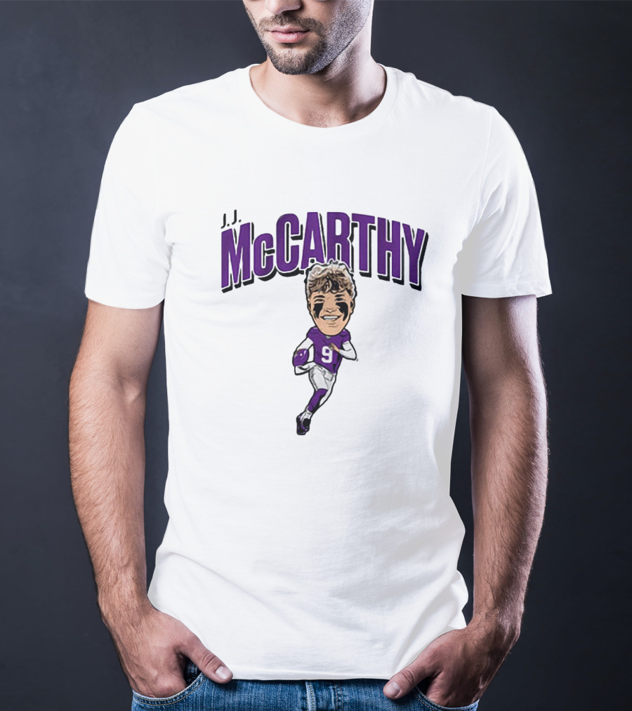 J.J. McCarthy 9 Running Quarterback Caricature T-Shirt