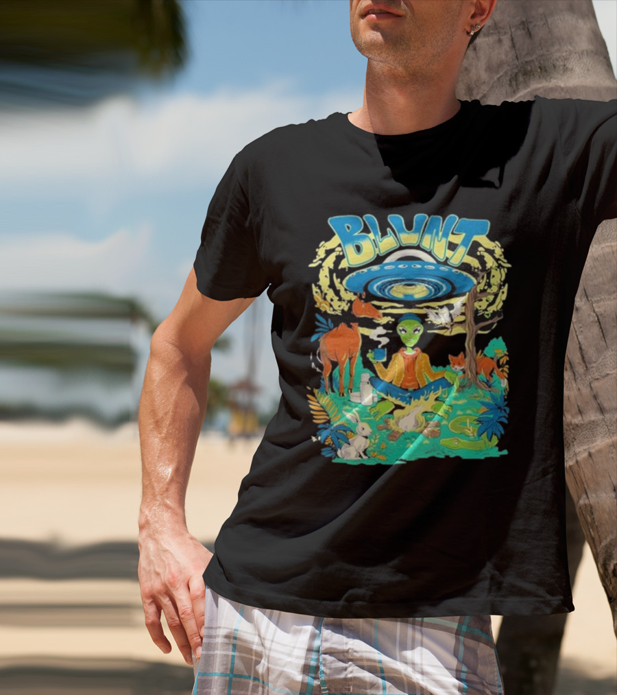 Blunt UFO Alien Smoking Forest Scene T-Shirt