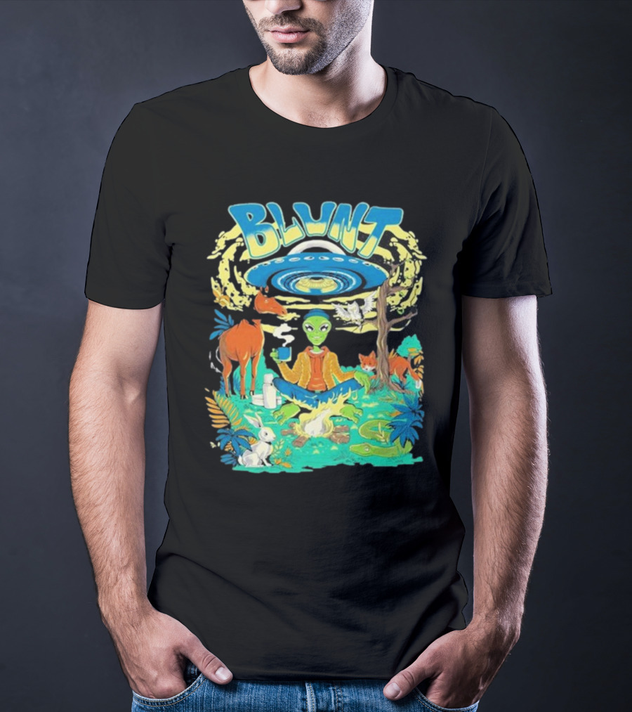 Blunt UFO Alien Smoking Forest Scene T-Shirt