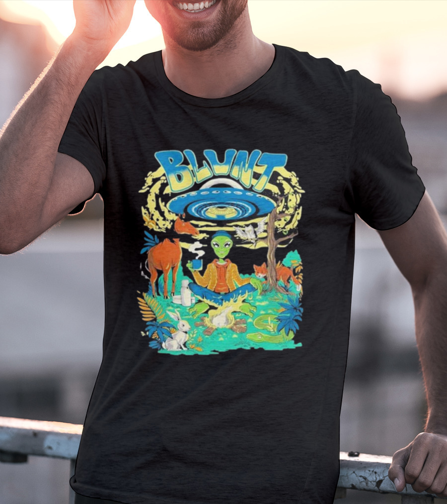Blunt UFO Alien Smoking Forest Scene T-Shirt