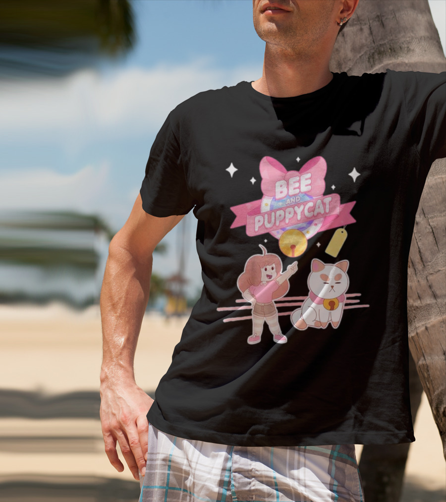Bee And PuppyCat Cute Cartoon Characters With Pink Bow And Stars T-Shirt