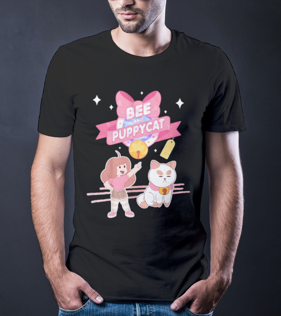Bee And PuppyCat Cute Cartoon Characters With Pink Bow And Stars T-Shirt