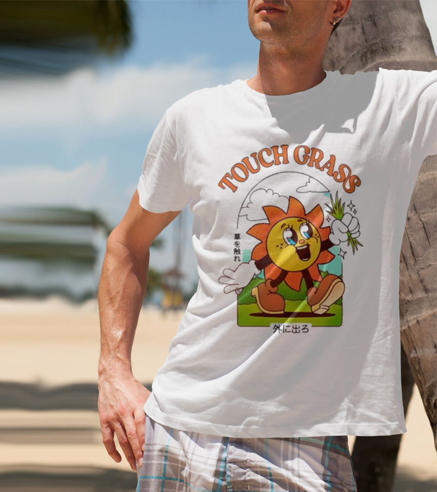 Touch Grass Retro Sun Character Outdoors Japanese Text T-Shirt