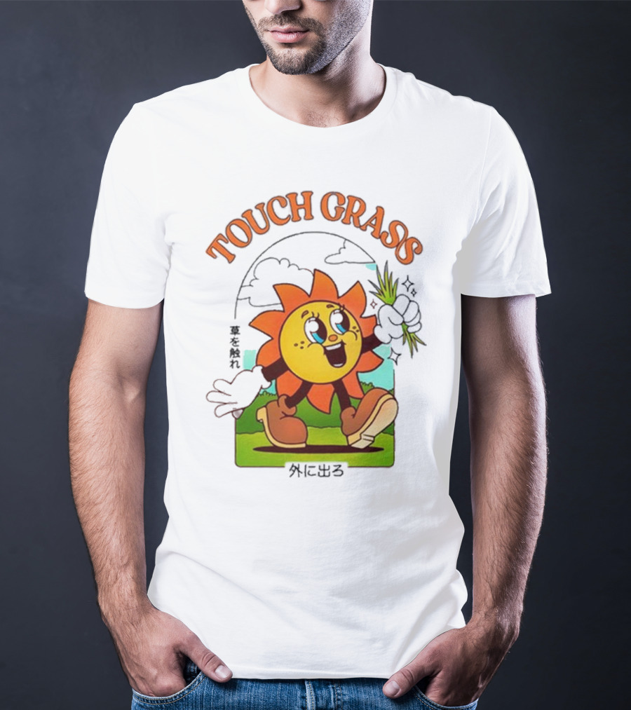 Touch Grass Retro Sun Character Outdoors Japanese Text T-Shirt