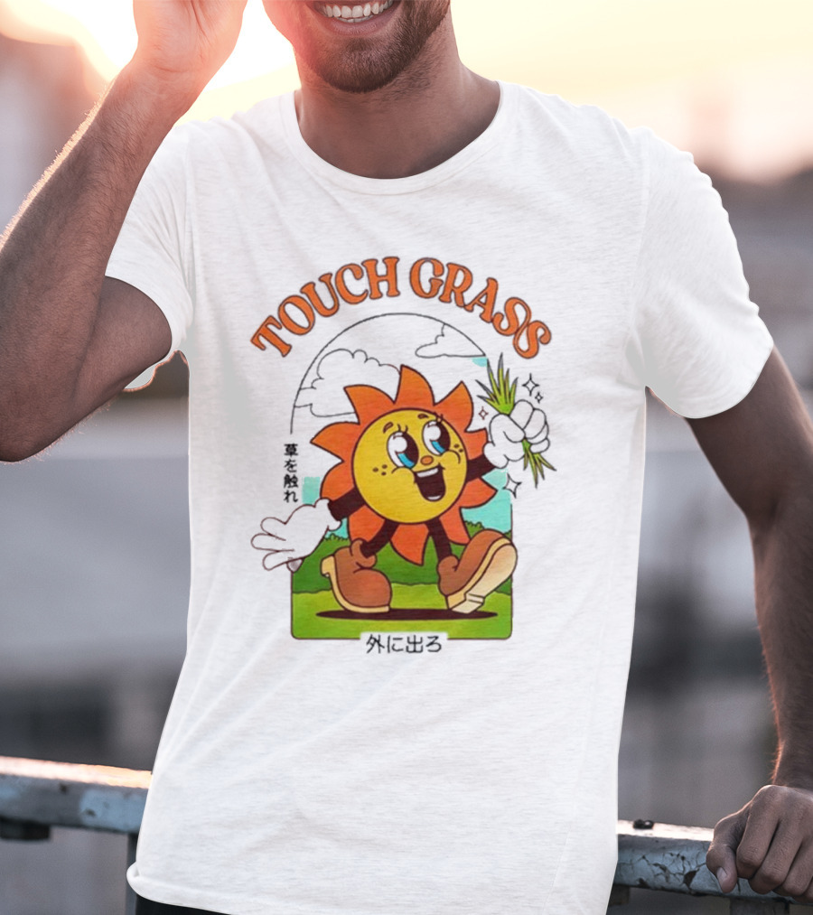 Touch Grass Retro Sun Character Outdoors Japanese Text T-Shirt