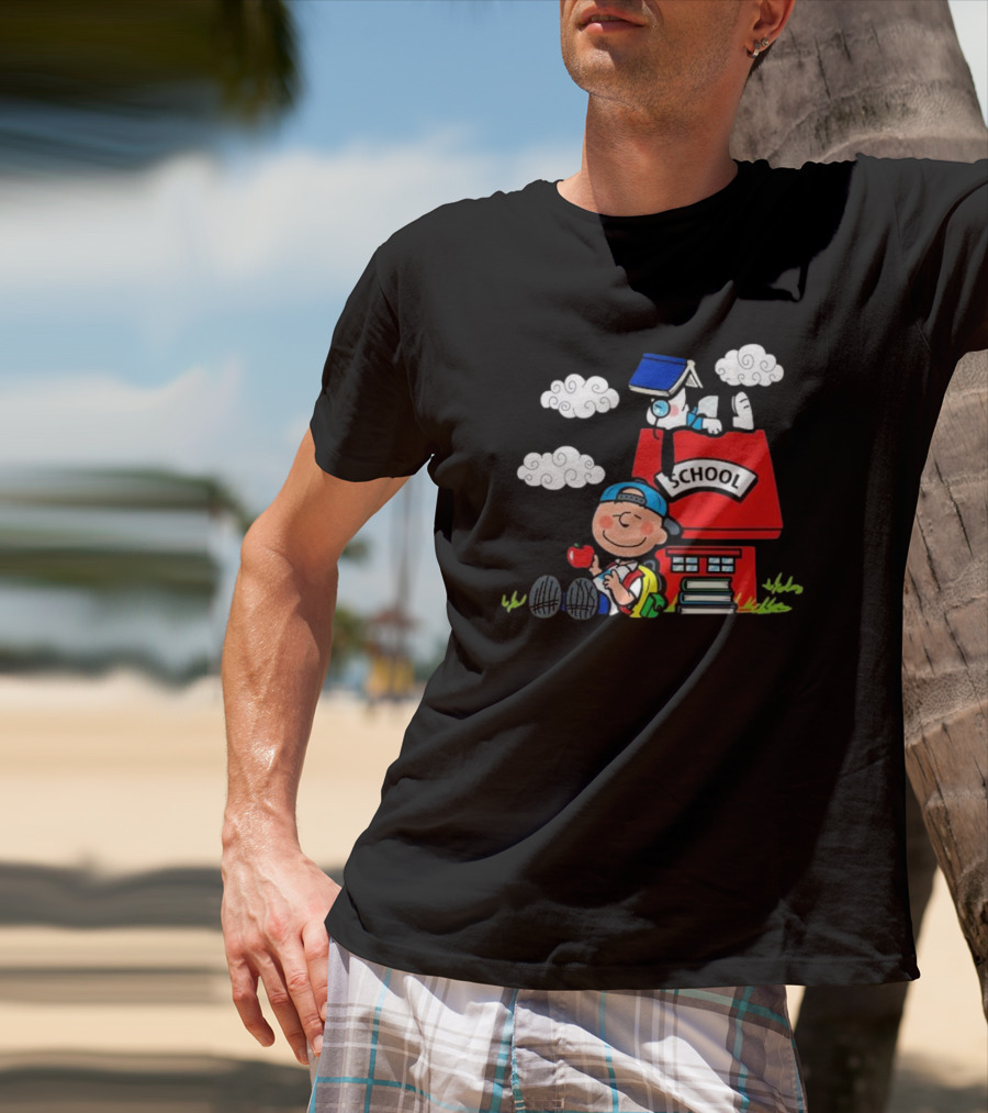 Snoopy School House With Backpack Apple And Clouds T-Shirt