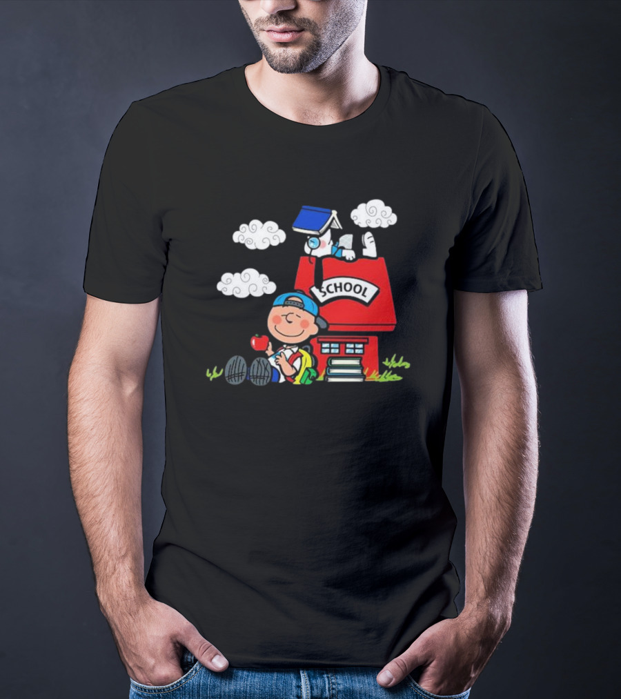 Snoopy School House With Backpack Apple And Clouds T-Shirt