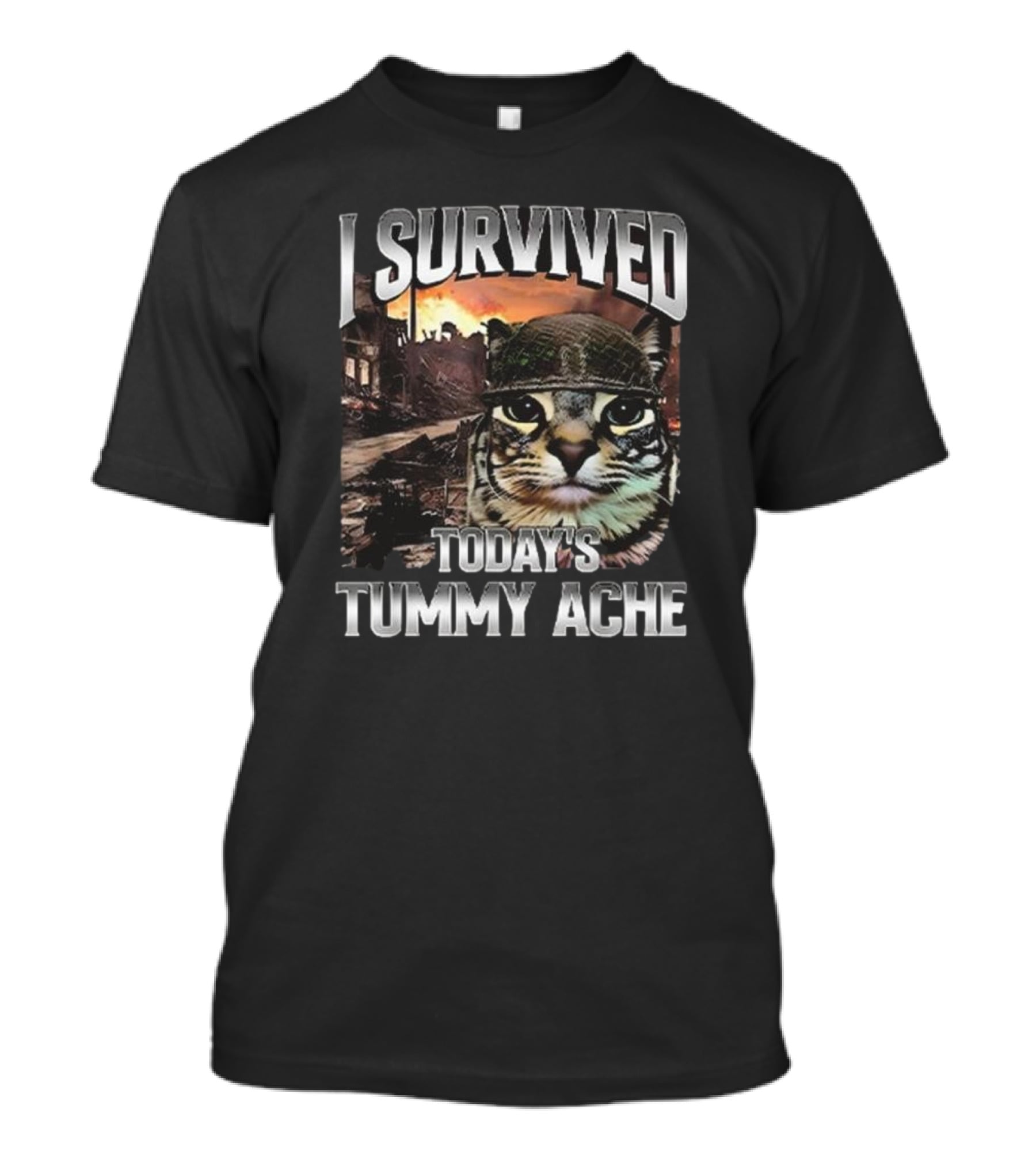 I Survived Today’s Tummy Ache Cat In Soldier Helmet With Warzone Background T-Shirt
