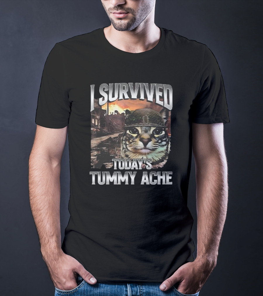 I Survived Today’s Tummy Ache Cat In Soldier Helmet With Warzone Background T-Shirt