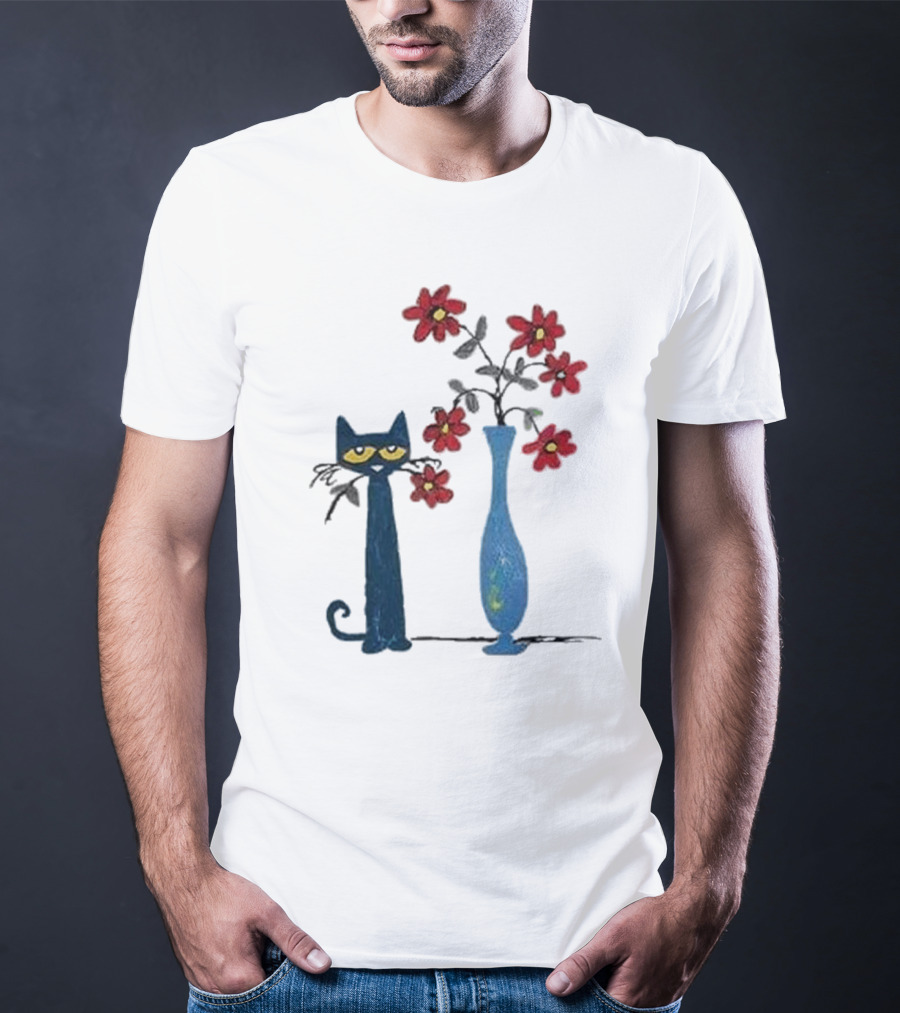 Pete The Cat And Red Flowers In Blue Vase T-Shirt