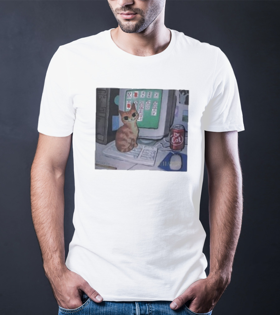 Solitaire Cat Drinking Dr Cat Next To Computer T-Shirt