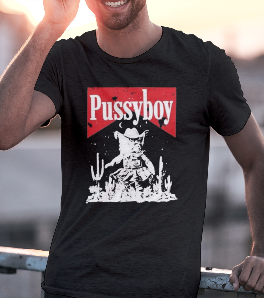 Ezramichelmusic Pussyboy Western Cat Cactus Night Scene T-Shirt