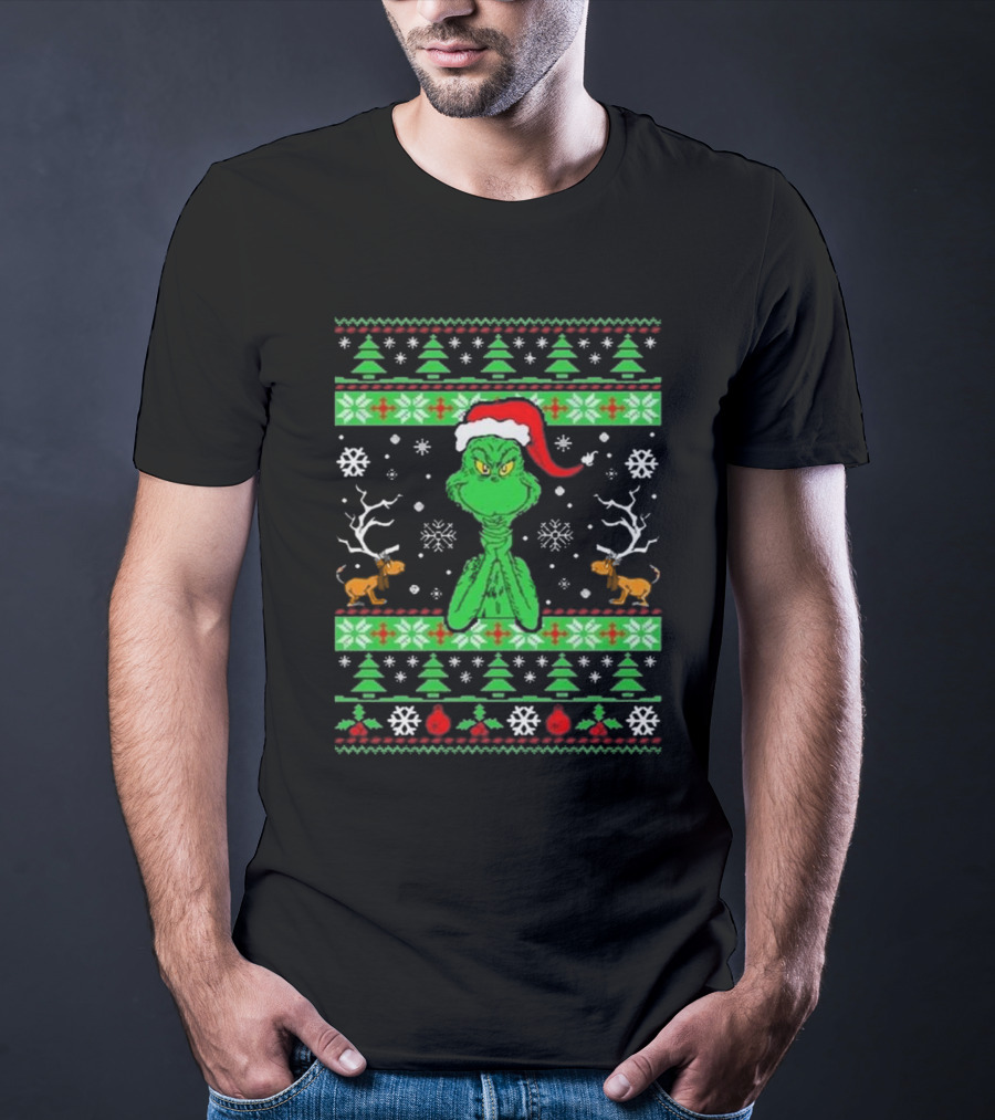 Grinch Santa Max Reindeer Trees Snowflakes Ugly Christmas T-Shirt