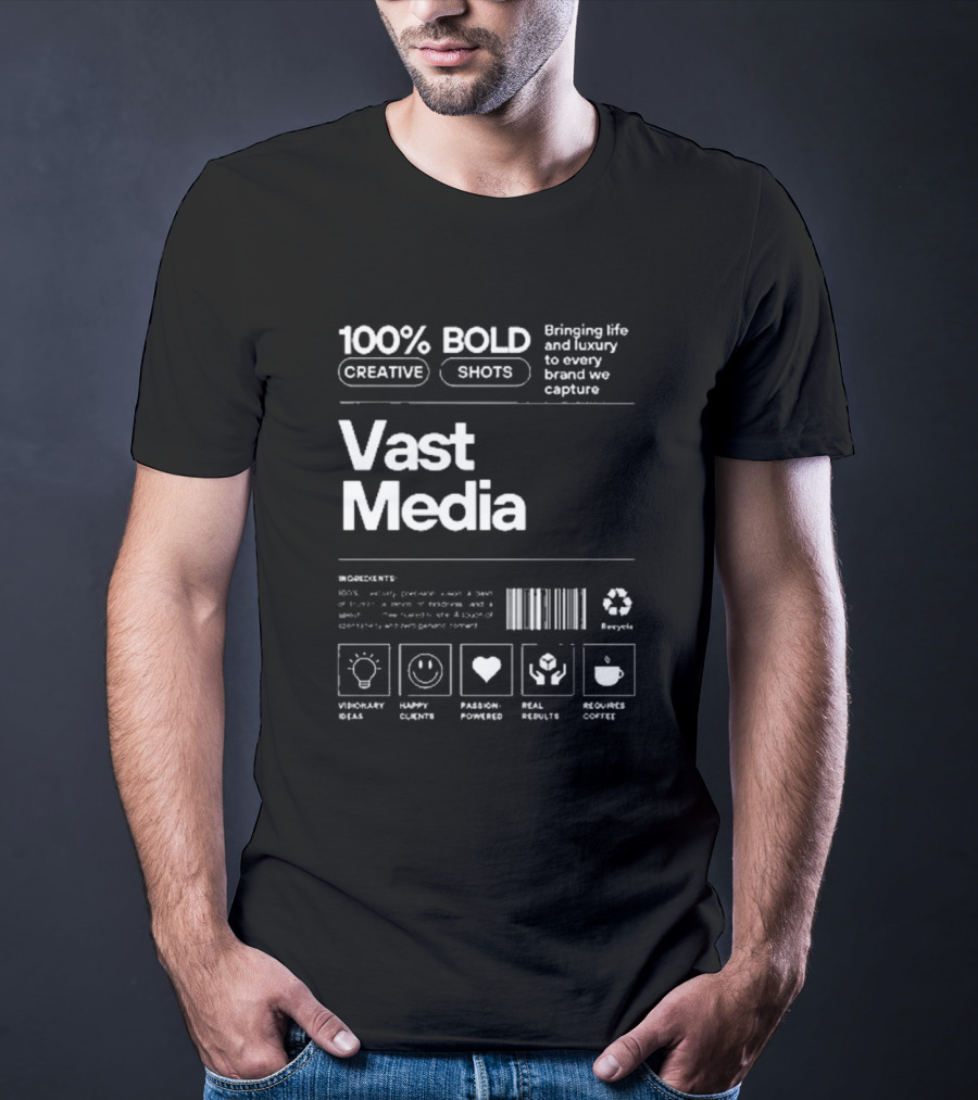 100% Bold Creative Shots Bringing Life And Luxury To Every Brand We Capture Vast Media Visionary Ideas Happy Clients Passion-Powered Real Results Requires Coffee T-Shirt