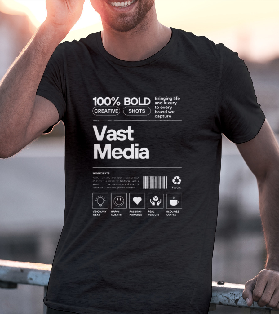 100% Bold Creative Shots Bringing Life And Luxury To Every Brand We Capture Vast Media Visionary Ideas Happy Clients Passion-Powered Real Results Requires Coffee T-Shirt