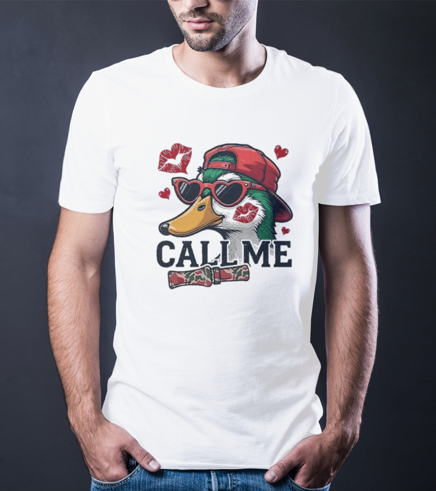 Call Me Valentine Mallard Duck In Sunglasses And Red Cap Surrounded By Hearts And Kisses T-Shirt