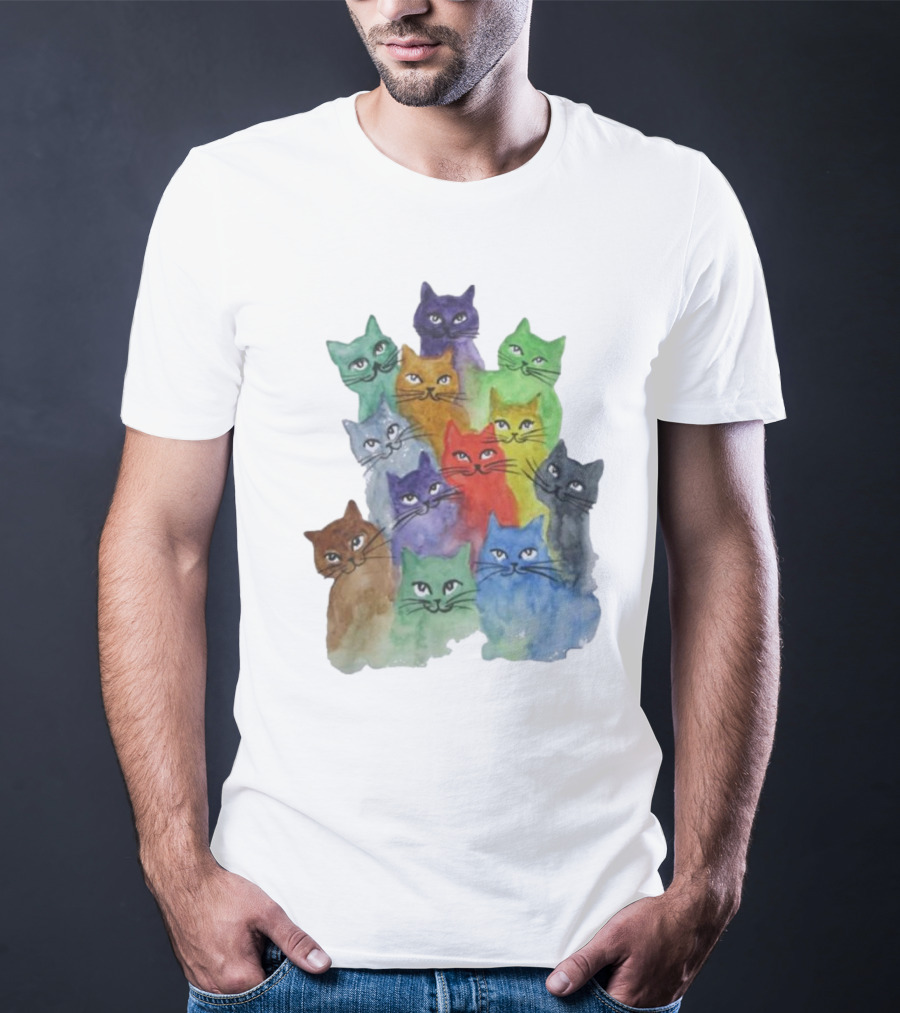 Cats All Around Colorful Watercolor Feline Faces T-Shirt