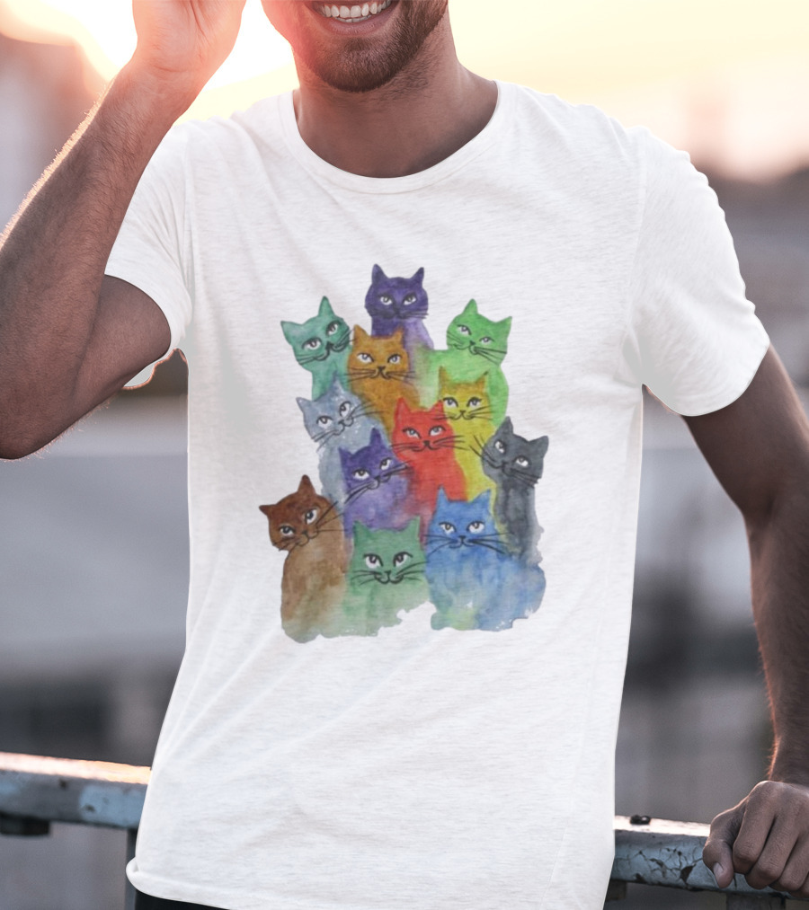 Cats All Around Colorful Watercolor Feline Faces T-Shirt