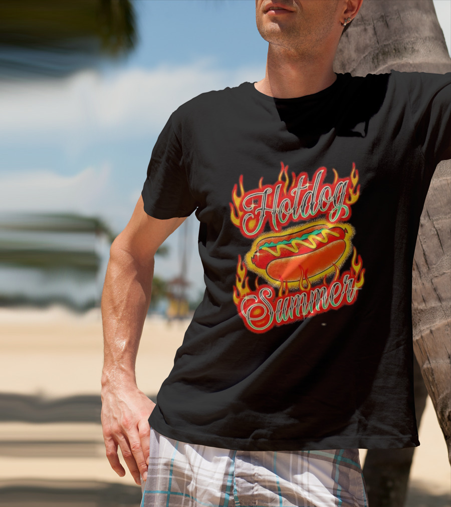Hotdog Summer Flaming Hotdog Graphic With Fiery Flames T-Shirt