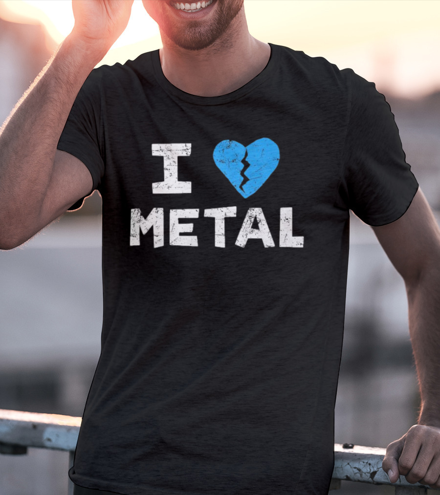 I Love Metal Broken Heart Blue Distressed Text T-Shirt