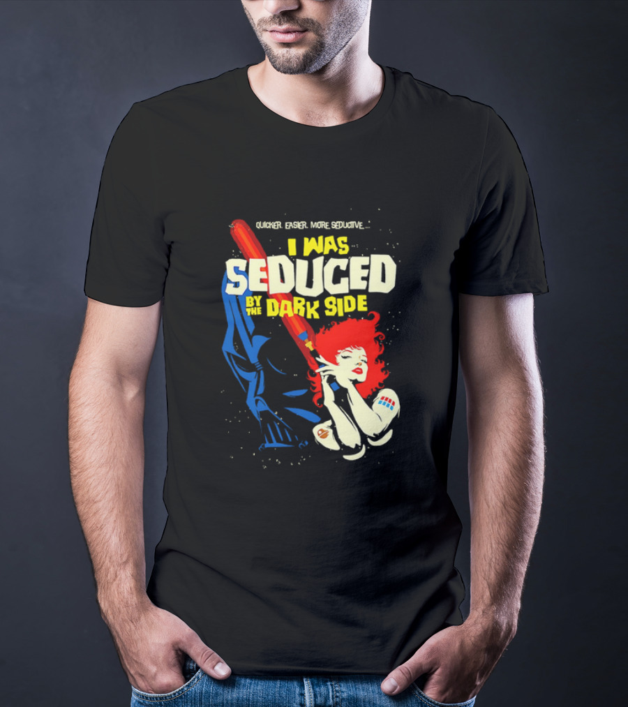I Was Seduced By The Dark Side Cartoon Darth Vader And Redhead Woman T-Shirt