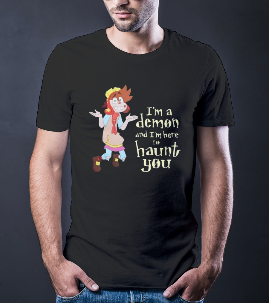 I'm A Demon And I'm Here To Haunt You Whimsical Cartoon Character With Red Hair And Yellow Cap T-Shirt