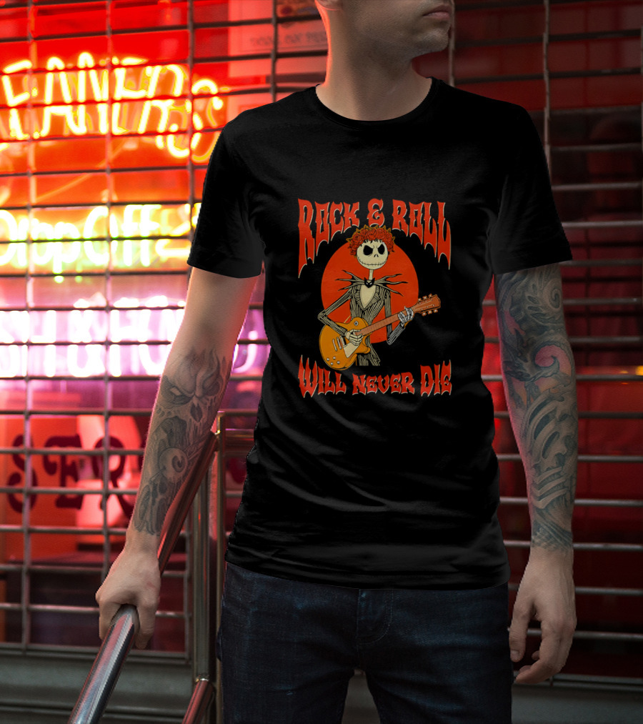 Rock And Roll Will Never Die Jack Skellington Playing Guitar T-Shirt