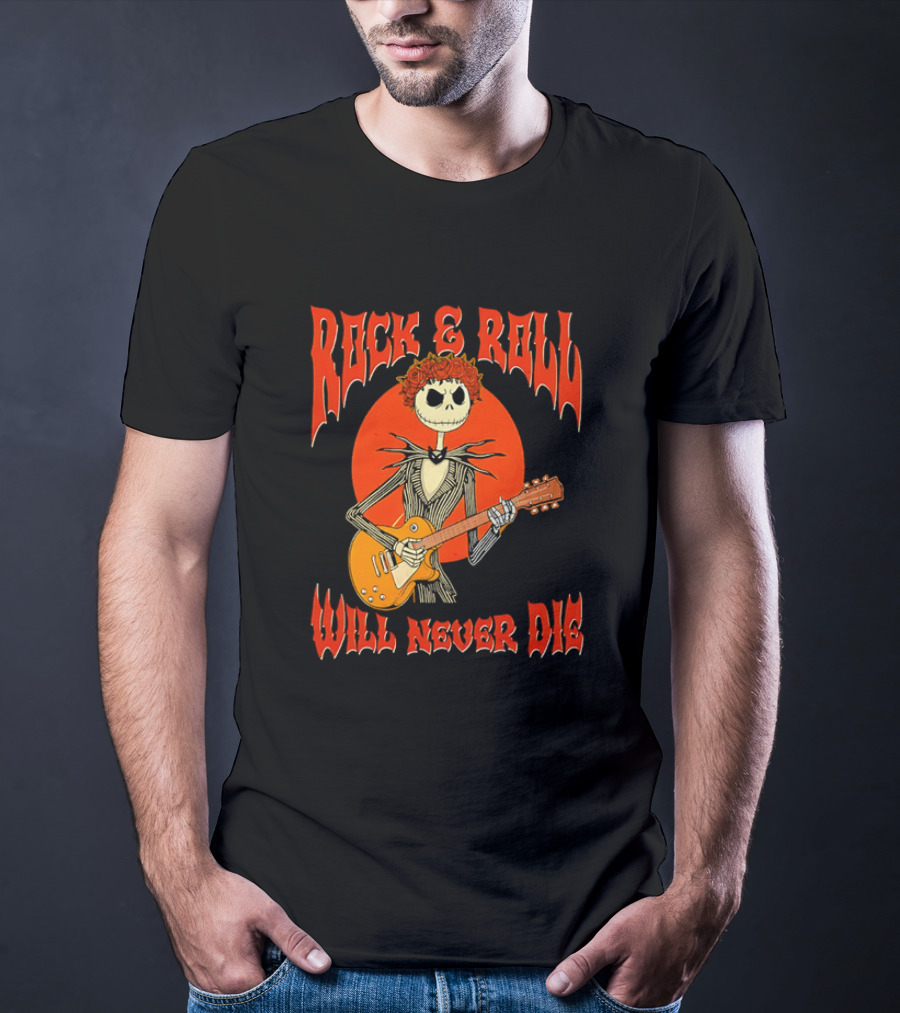 Rock And Roll Will Never Die Jack Skellington Playing Guitar T-Shirt
