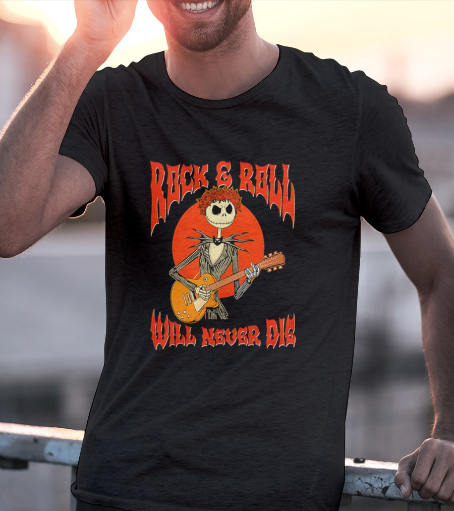 Rock And Roll Will Never Die Jack Skellington Playing Guitar T-Shirt