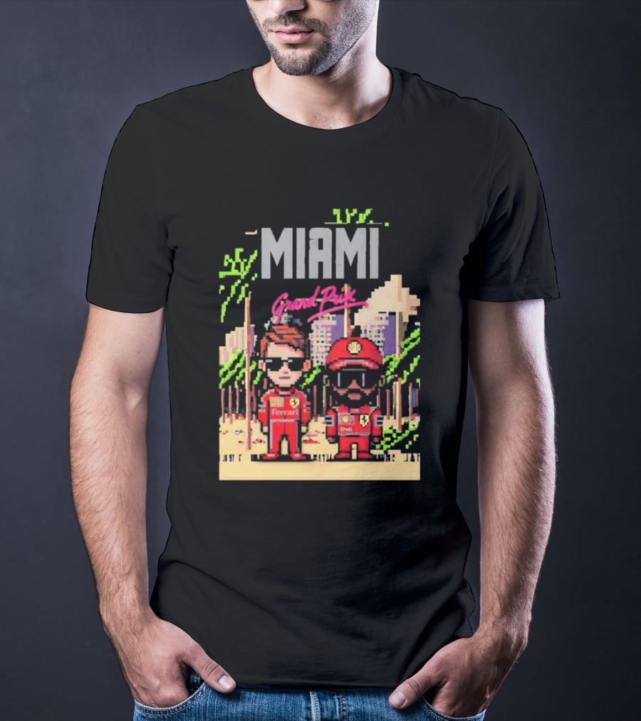 Lewis Hamilton Charles Leclerc Ferrari Team Pixel Style Miami Grand Prix 2025 T-Shirt