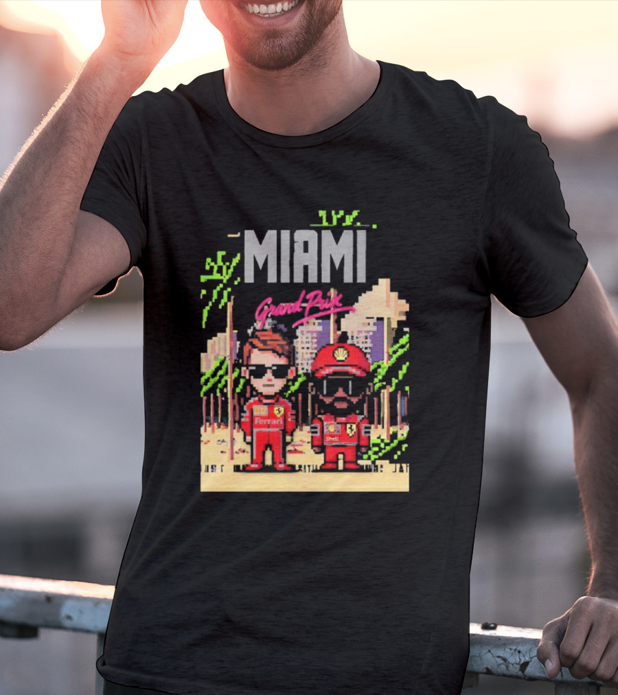 Lewis Hamilton Charles Leclerc Ferrari Team Pixel Style Miami Grand Prix 2025 T-Shirt