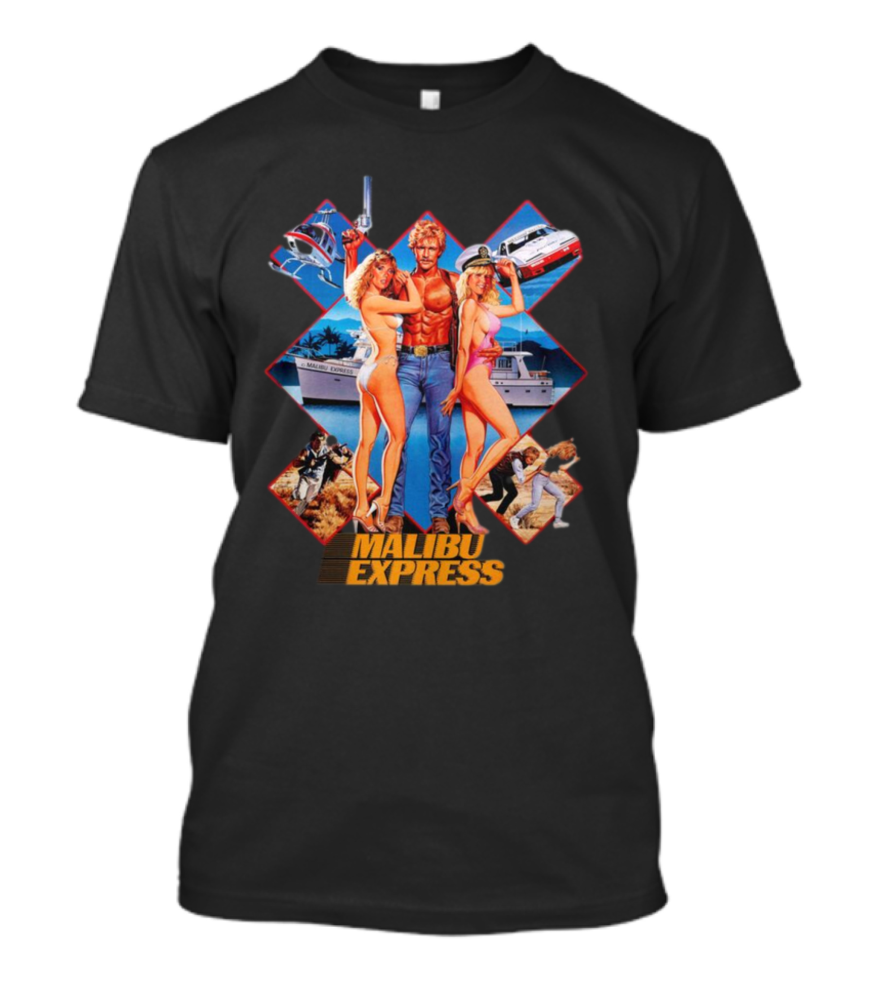 Malibu Express Action Movie 1985 Art With Yacht And Helicopter T-Shirt