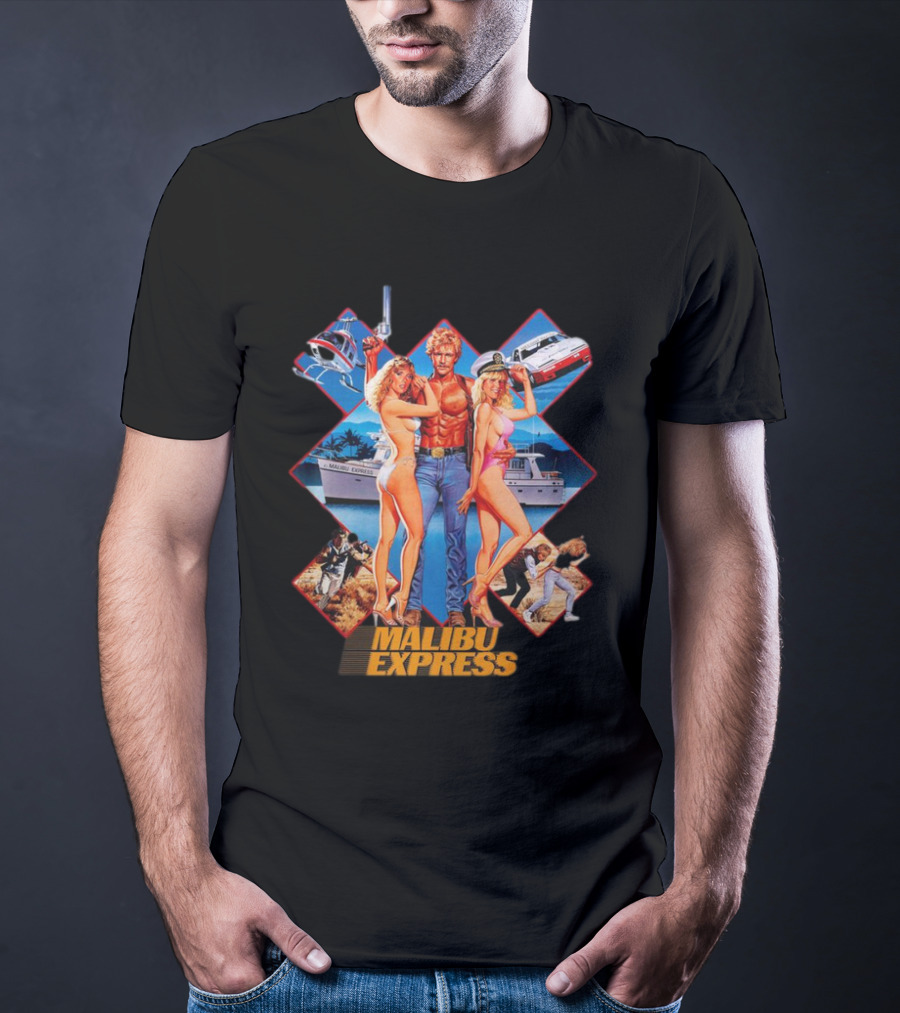 Malibu Express Action Movie 1985 Art With Yacht And Helicopter T-Shirt